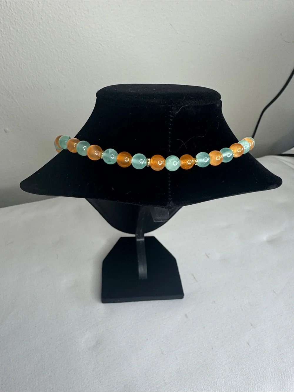 Two-Tone Mint Green and Orange Beaded Necklace 18” Gold filled.
